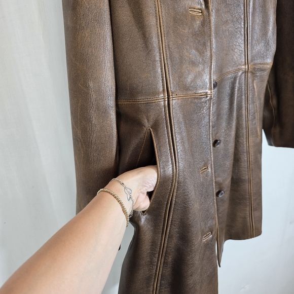 R&D Brand ⏰ Genuine Leather Long Distressed Brown/Caramel Coat Sz L - Picture 3 of 12